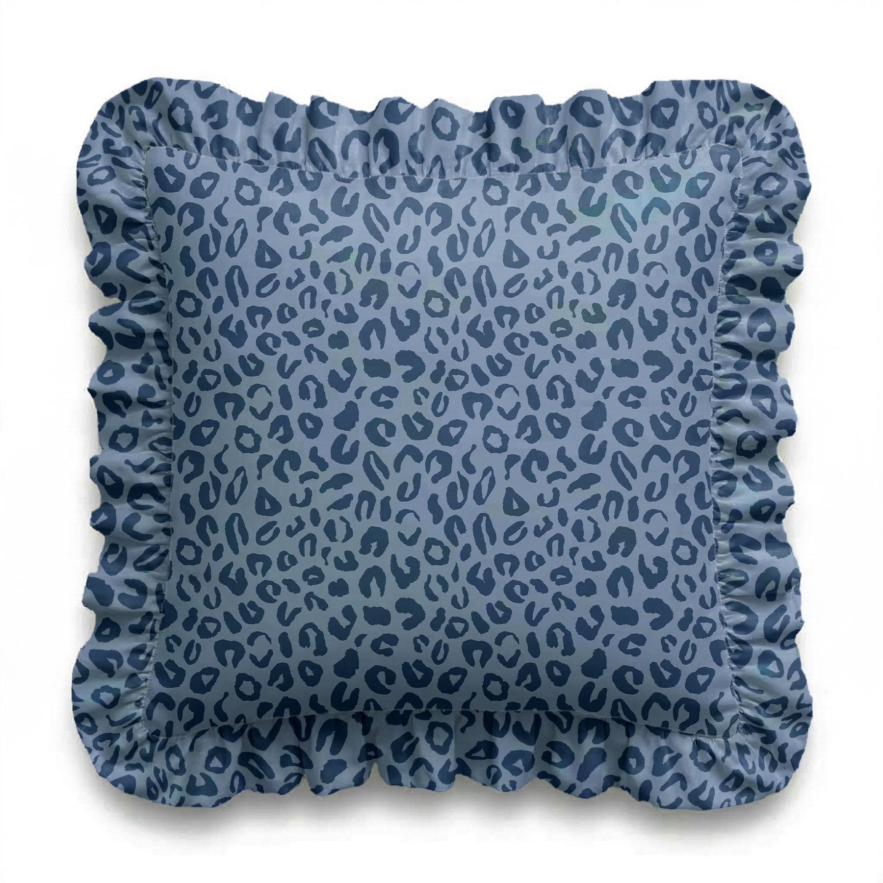 Blue patterned cushion with ruffled edge on a white background