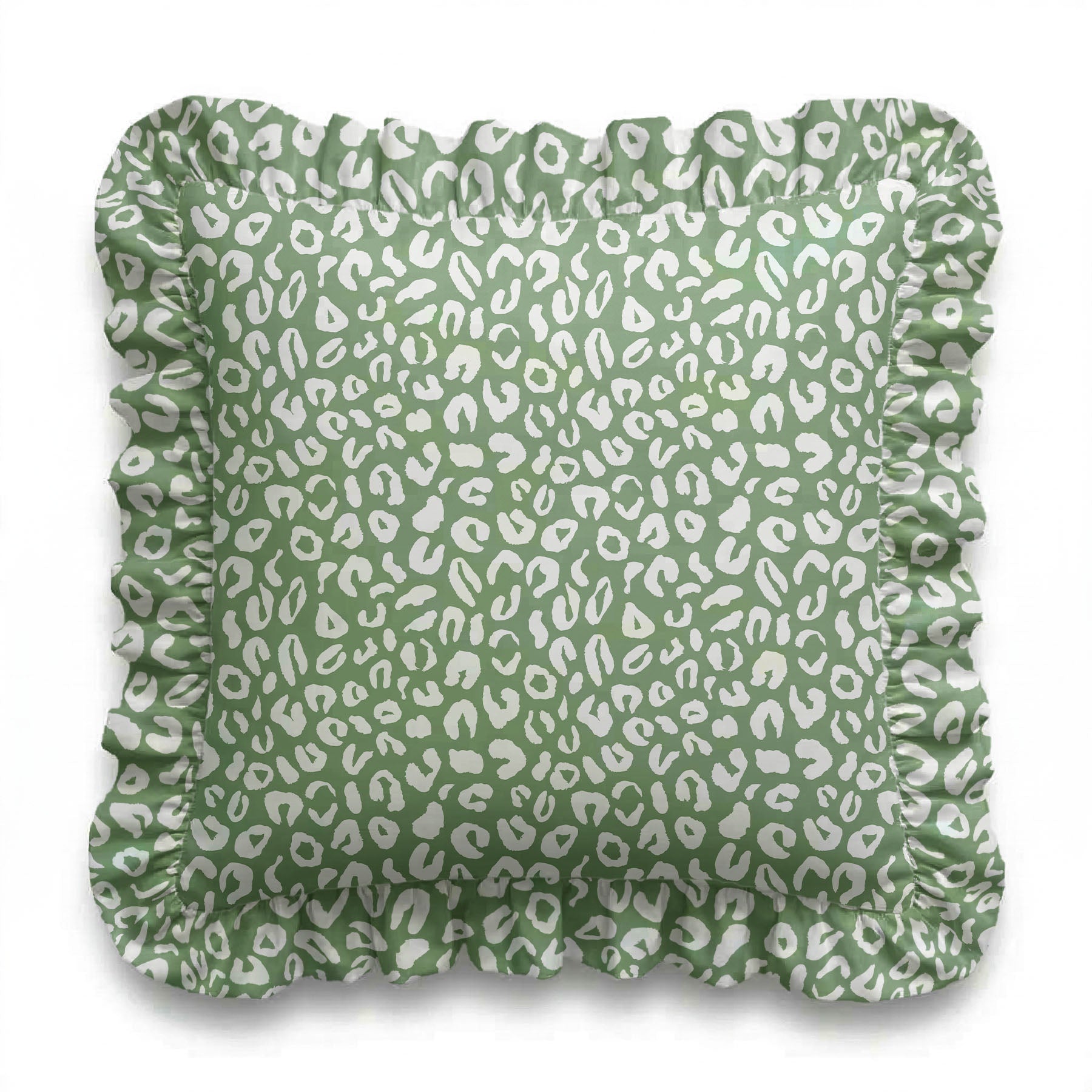 Green cushion cover with white leopard print pattern on a white background