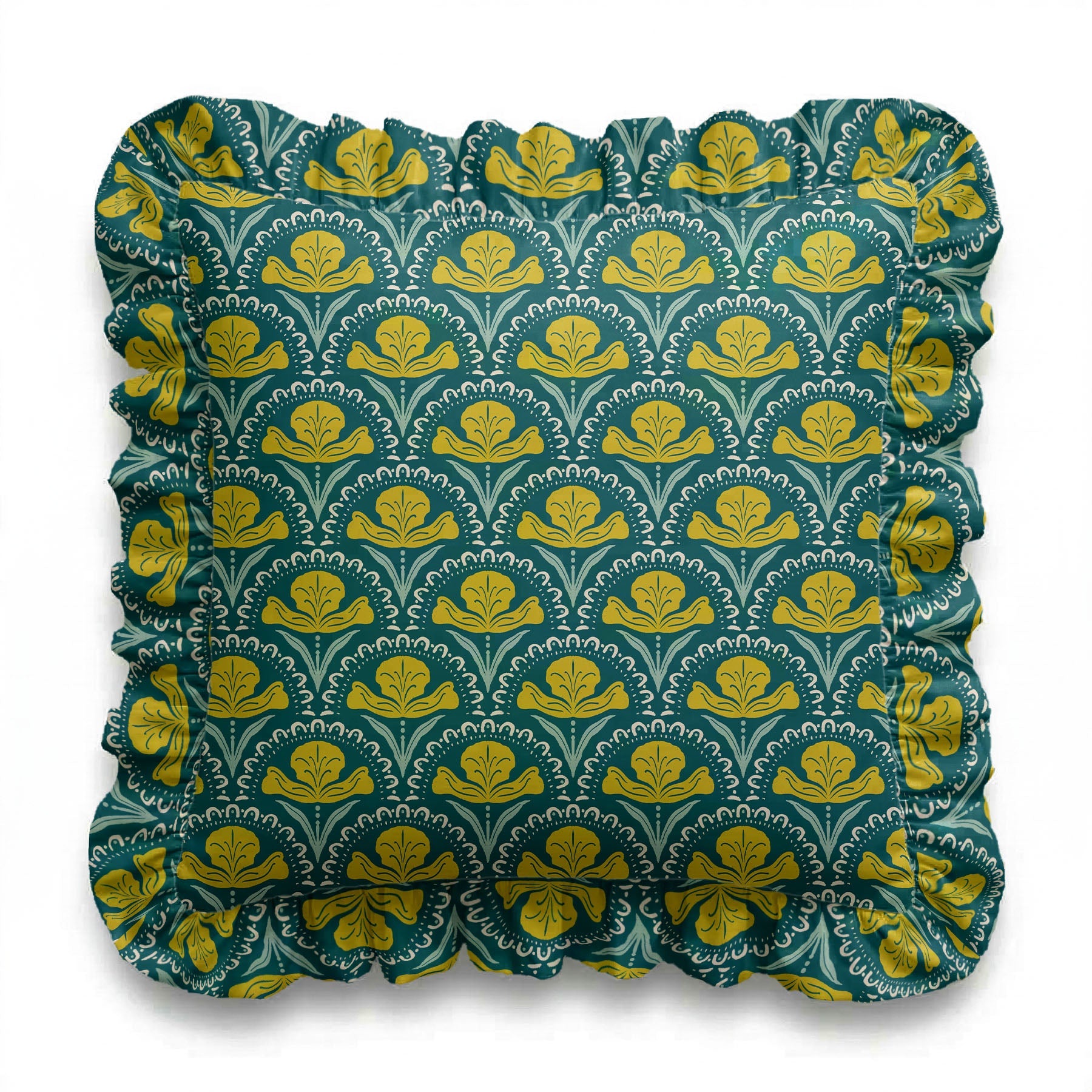 Decorative pillow with green and yellow floral pattern on a white background