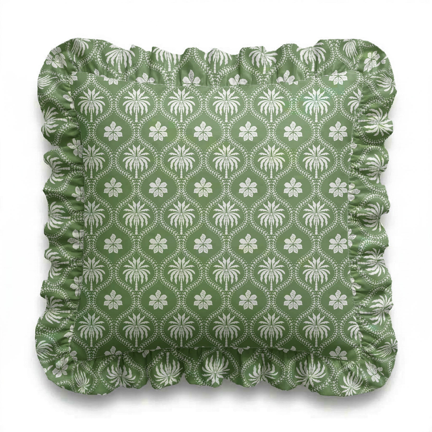 Green cushion with white floral pattern on a white background