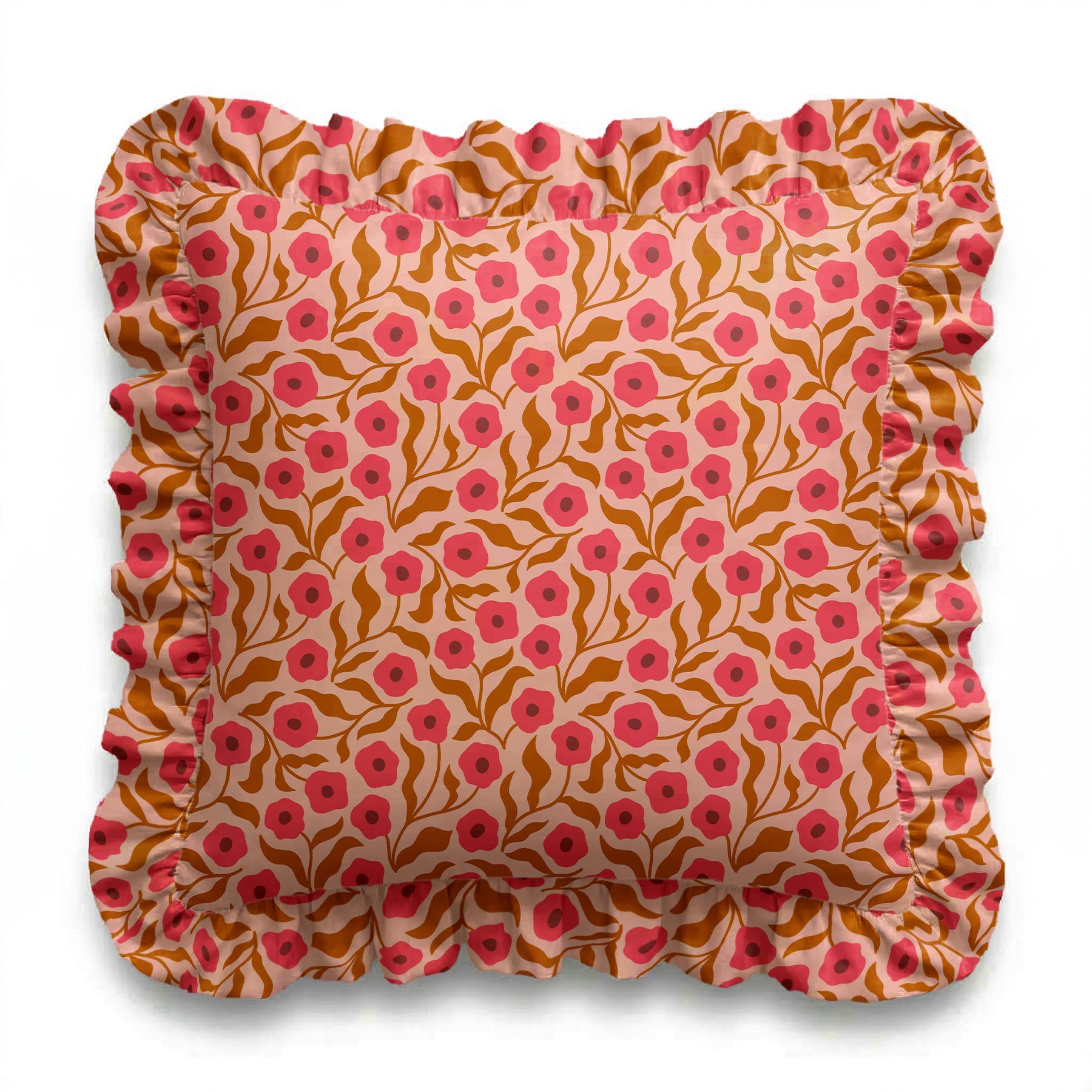 Floral patterned cushion with ruffled edge on a white background