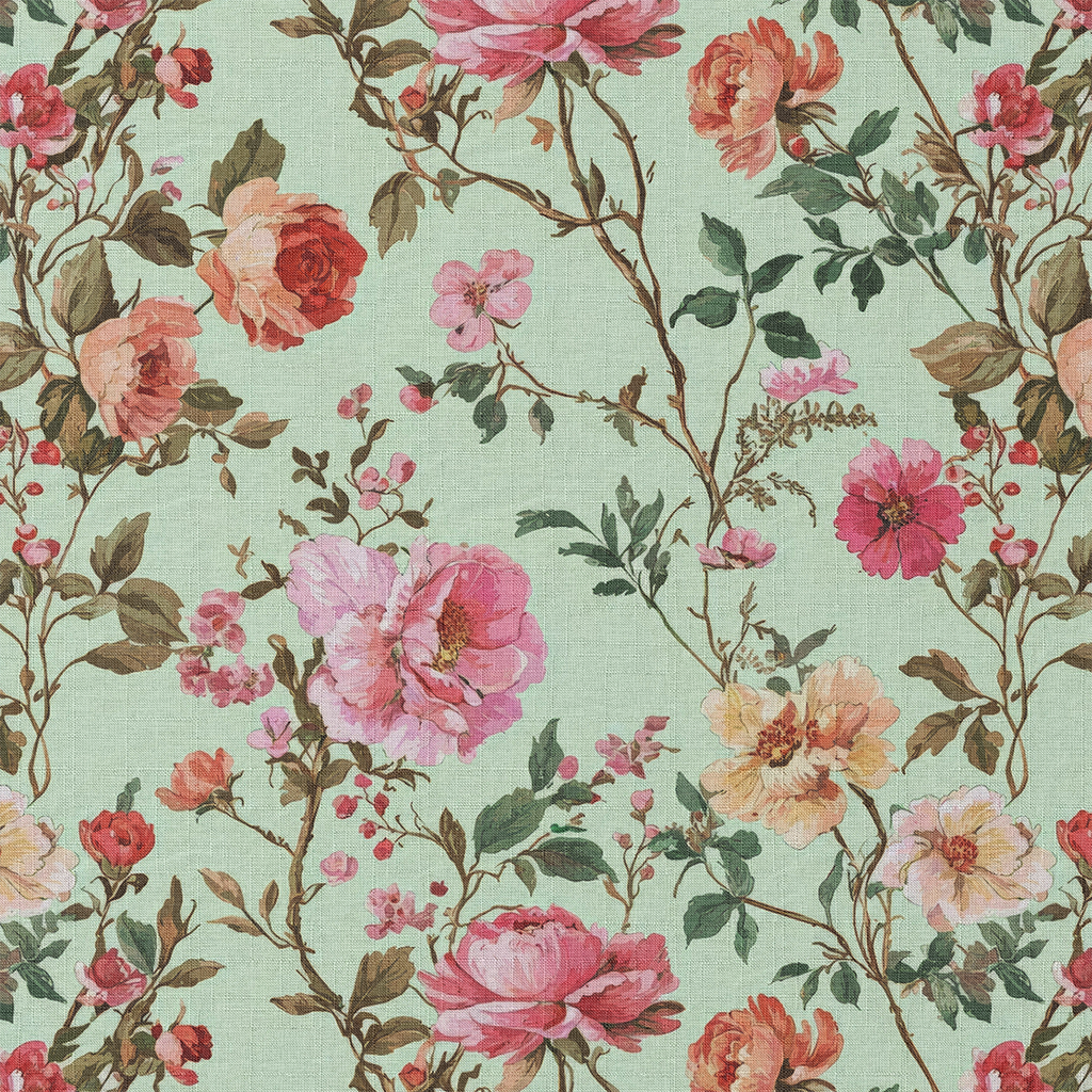 Floral pattern with pink and red flowers on a light green background