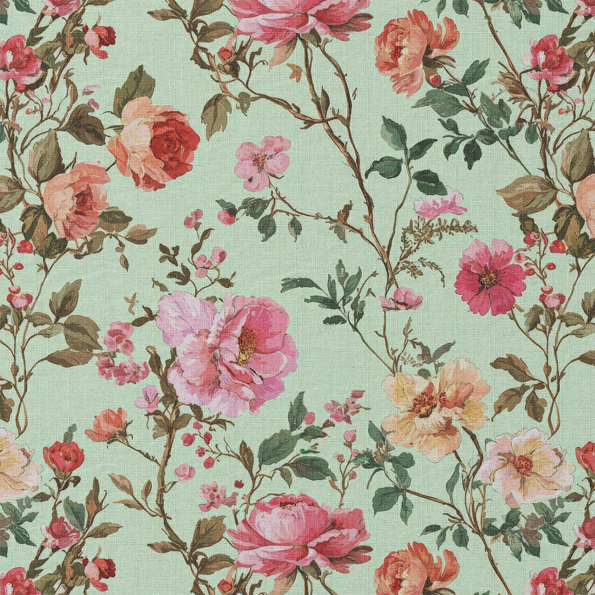 Floral pattern with pink and red flowers on a light green background