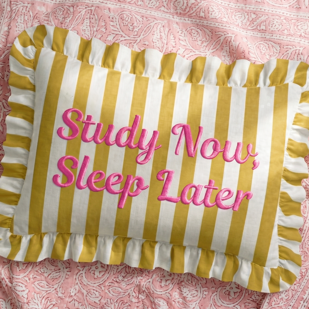 Striped pillow with 'Study Now, Sleep Later' text on a pink patterned background