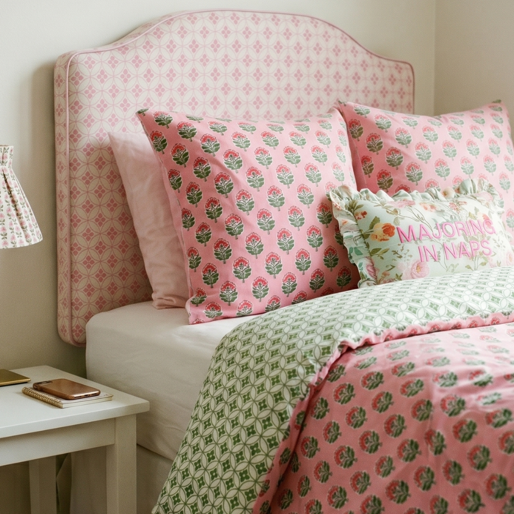 Bed with pink and green floral bedding and headboard in a bedroom setting.