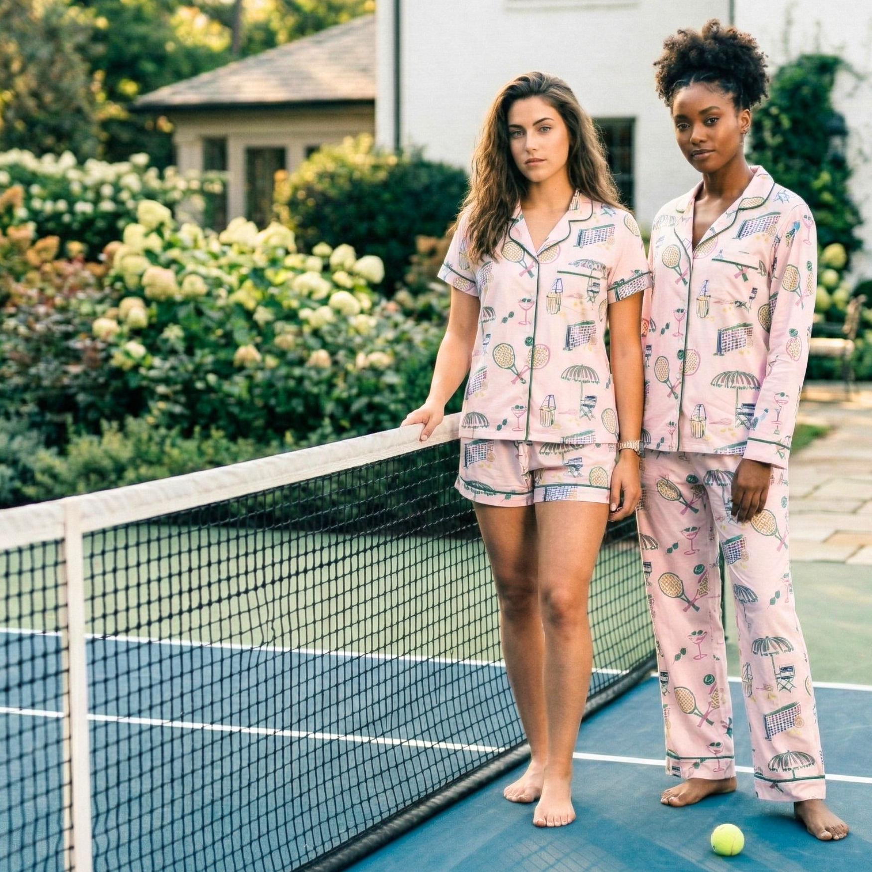 Two women in pajamas standing on a tennis court