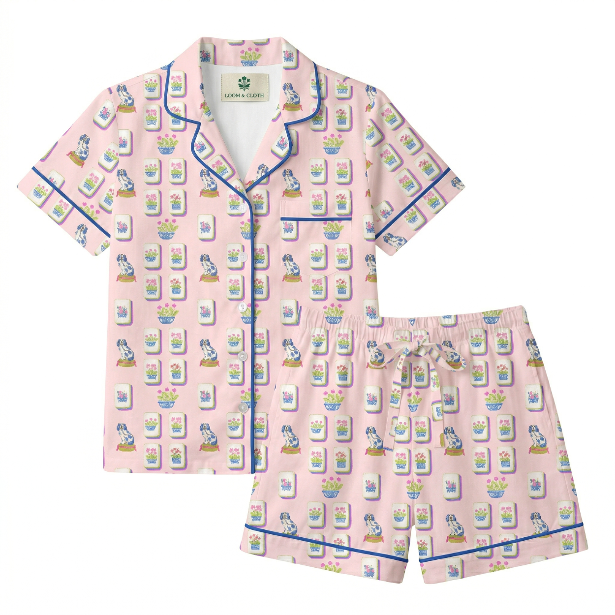 Pink pajama set with cartoon character pattern on a white background