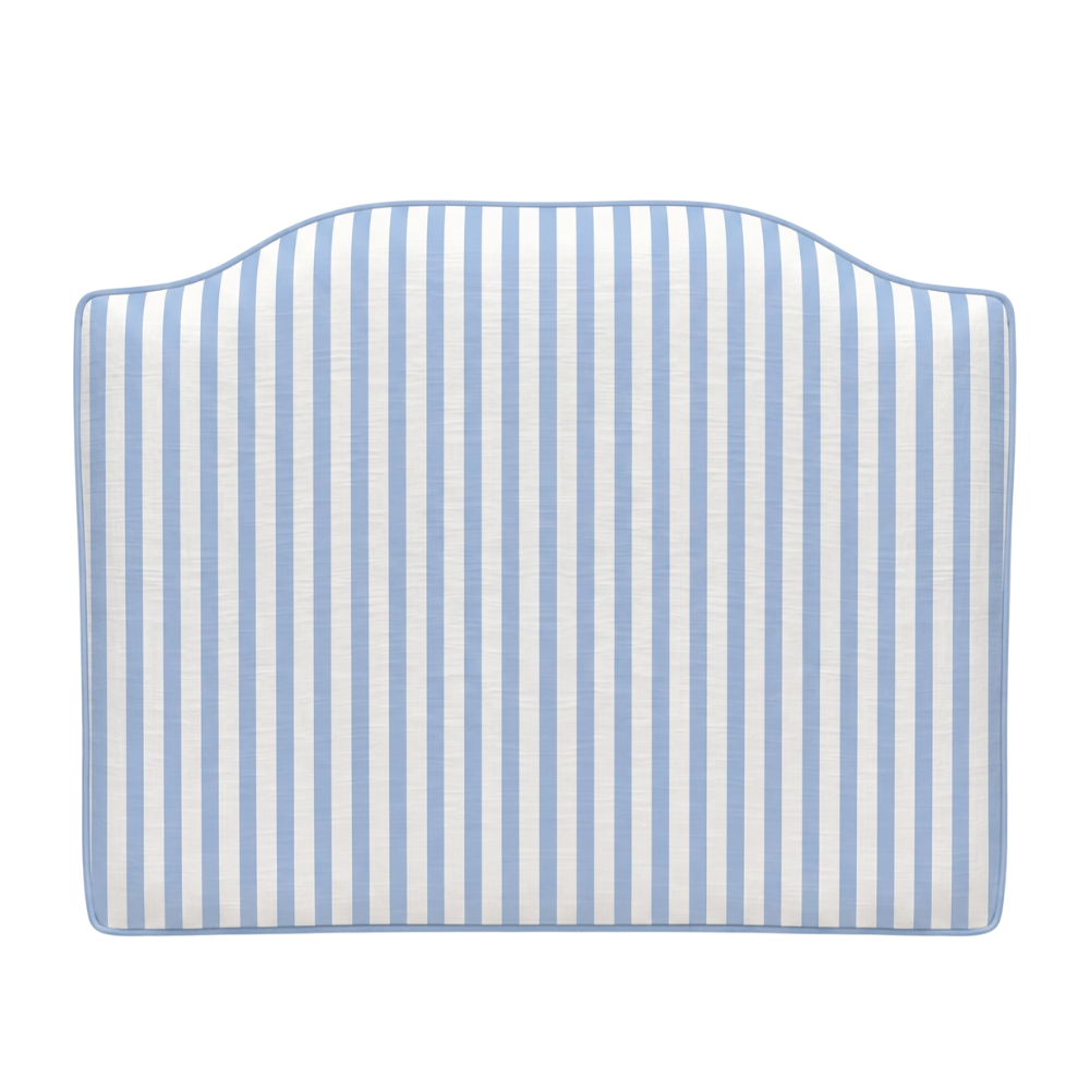 Blue and white striped headboard on a white background