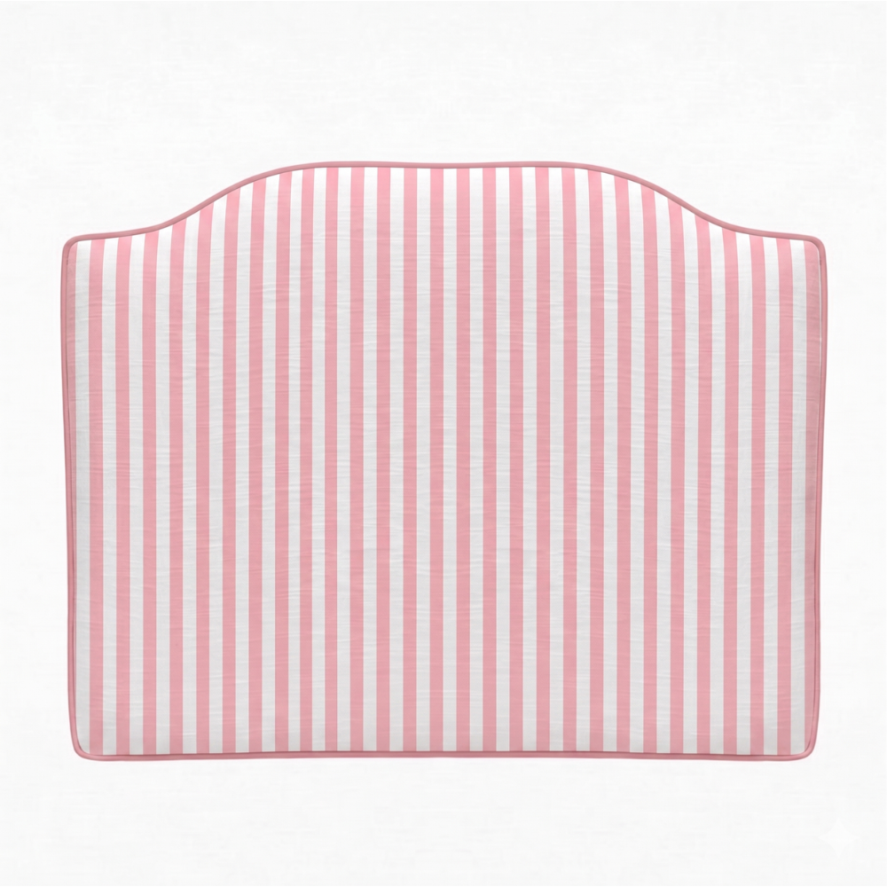 Pink and white striped headboard on a white background