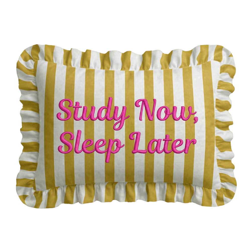 Striped pillow with 'Study Now, Sleep Later' text on a white background
