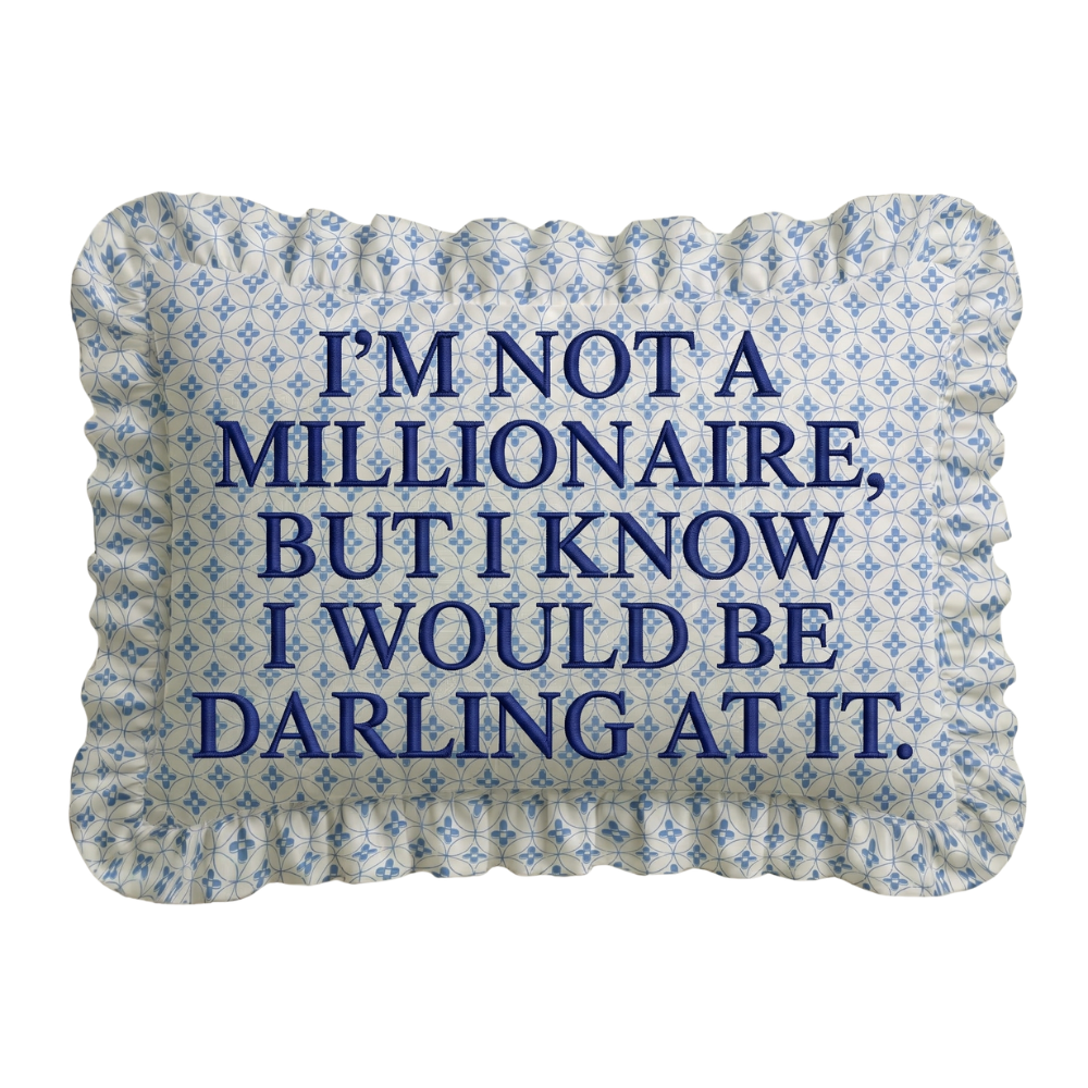 Decorative pillow with blue text on a white background
