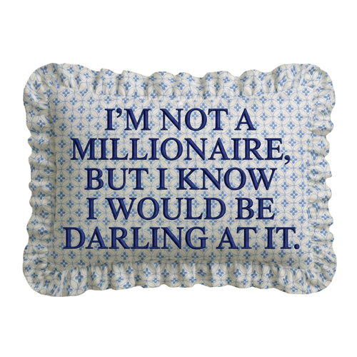 Decorative pillow with blue text on a white background