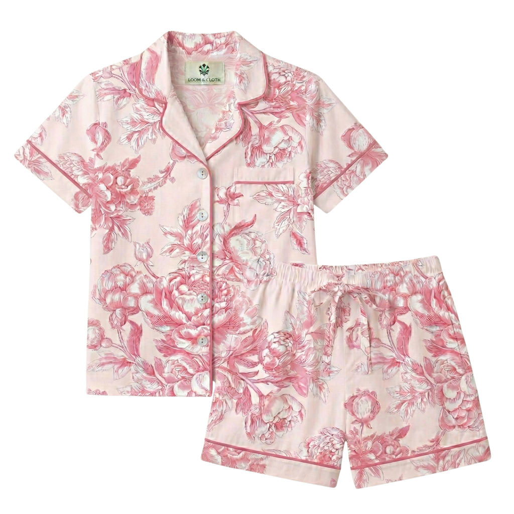 Pink floral pajama set on a white background