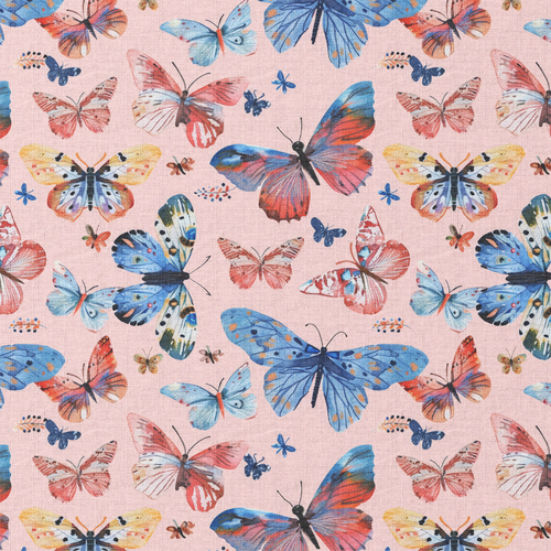 Pattern of colorful butterflies on a pink background