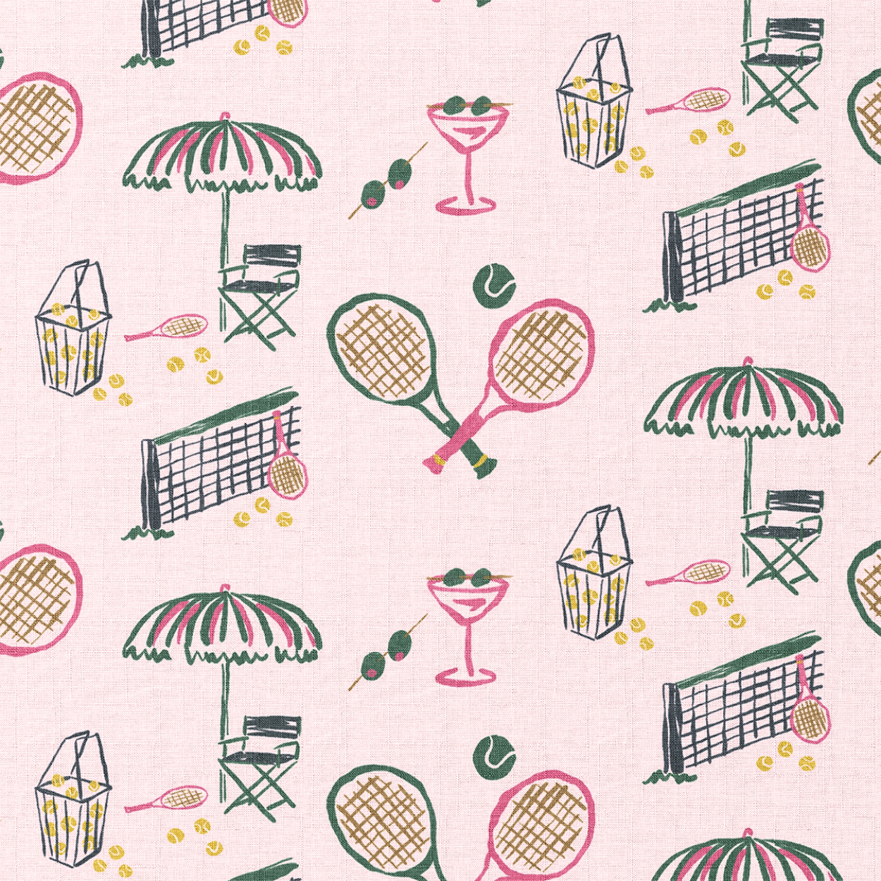 Pattern of tennis rackets, umbrellas, chairs, and other items on a light pink background