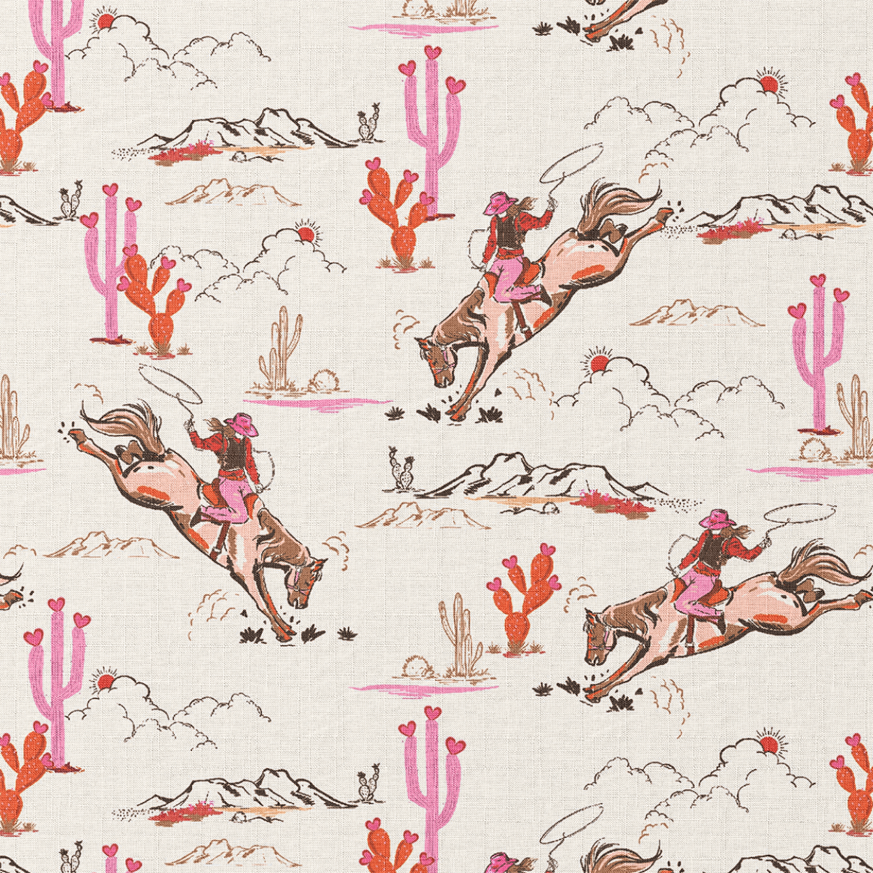 Pattern of cowboys riding horses, cacti, and mountains on a white background