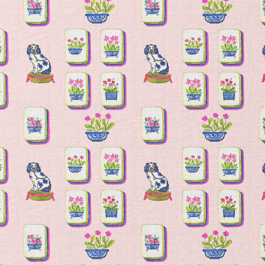 Pattern of dogs and potted plants on a pink background