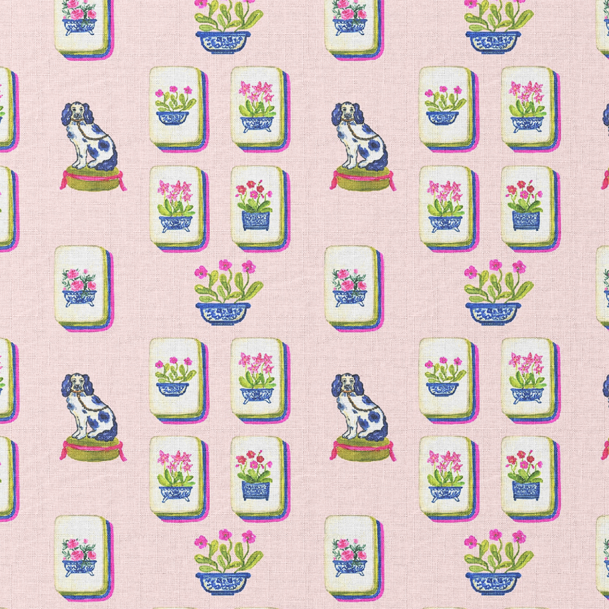 Pattern of dogs and potted plants on a pink background