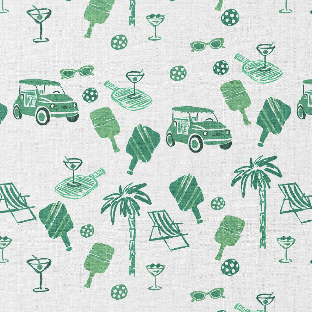 Pattern of green golf carts, palm trees, and other summer elements on a white background