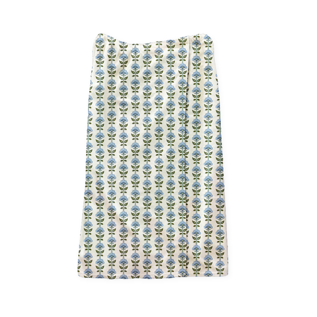 Ophelia Blue pattern on a wrap towel on a white background